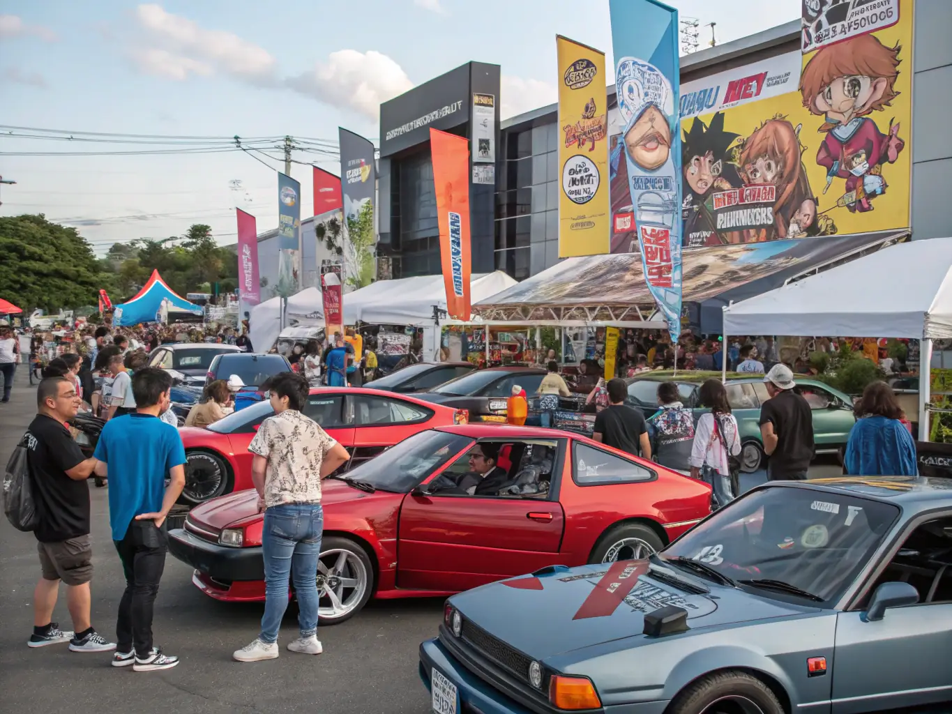 A vibrant community event featuring a display of classic cars, with families and enthusiasts admiring the vehicles. The atmosphere is festive, with food stalls and live music adding to the excitement.