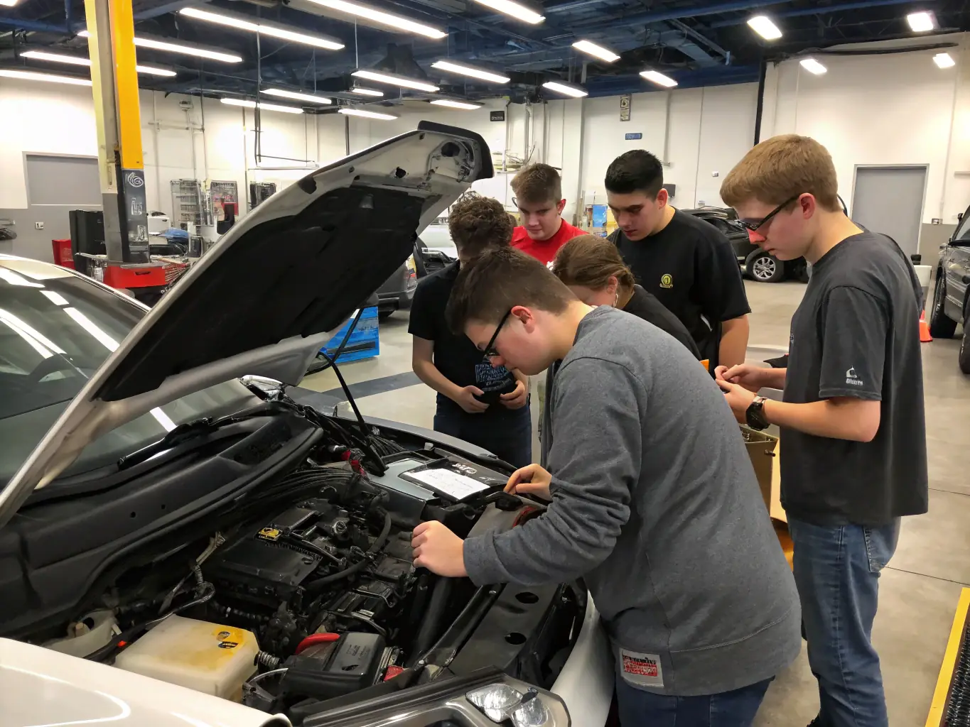 A group of students gathered around a classic car, listening to an expert explain its history and mechanics. The setting is a workshop filled with vintage vehicles and educational displays.