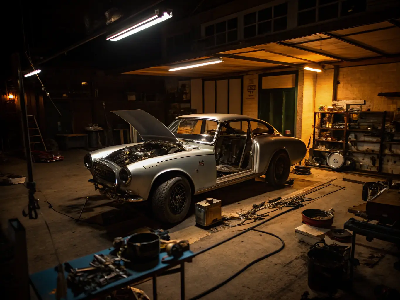 A meticulously restored vintage car, gleaming under workshop lights, showcasing the dedication and craftsmanship involved in EGCH's restoration projects.
